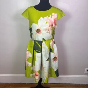 Ted Baker London Lime Green Floral Skater Dress Pockets Size 4 US 10/12